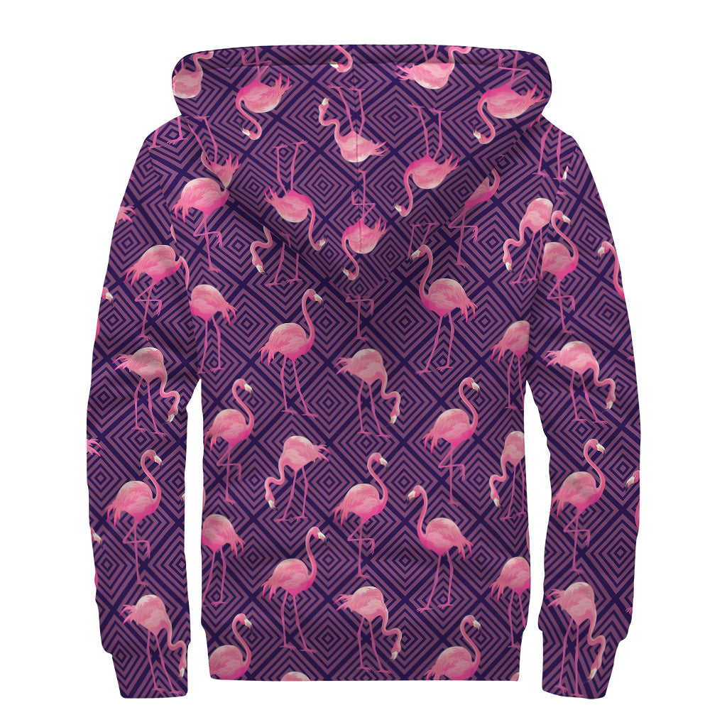 Purple Geometric Flamingo Pattern Sherpa Lined Zip Up Hoodie: Embrace Your Inner Hippie Chic - 2