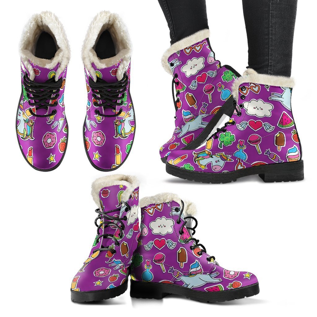 Groovy Purple Unicorn Pattern Faux Fur Leather Hippie Boots - 2