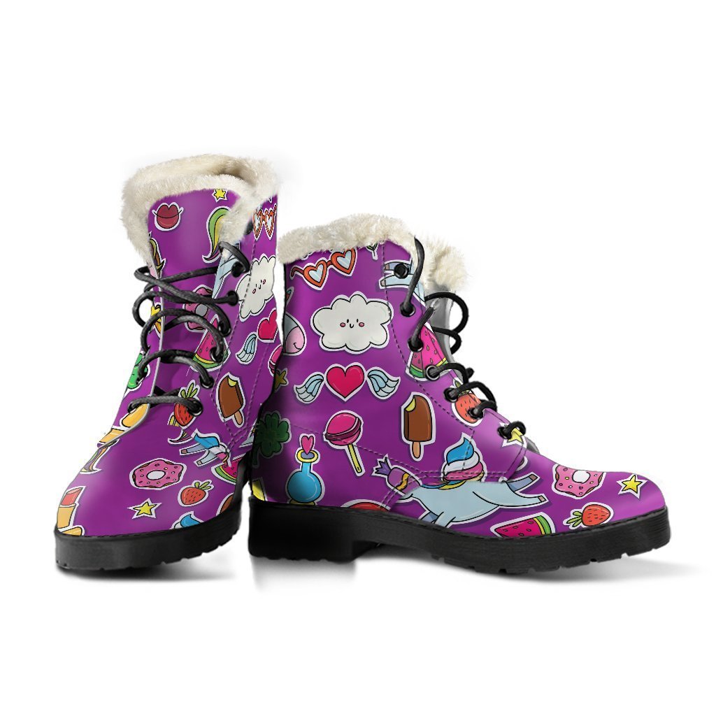 Groovy Purple Unicorn Pattern Faux Fur Leather Hippie Boots - 3