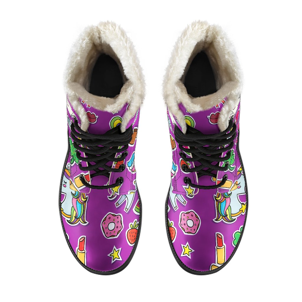 Groovy Purple Unicorn Pattern Faux Fur Leather Hippie Boots - 4