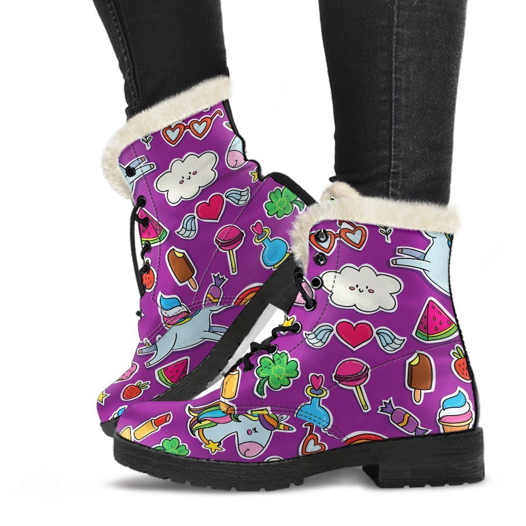 Groovy Purple Unicorn Pattern Faux Fur Leather Hippie Boots - 1