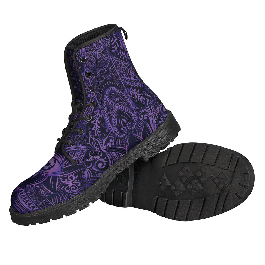 Purple Hamsa Hand Print Leather Lightweight Boots for Boho-Chic Hippies - 2