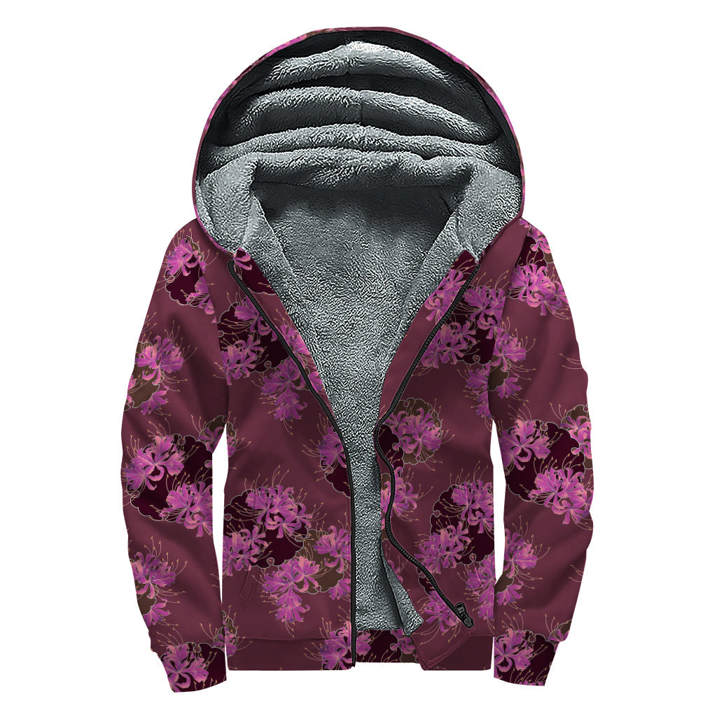 Purple Japanese Amaryllis Pattern Sherpa Lined Zip Up Hoodie: Embrace Your Inner Hippie Style! - 1