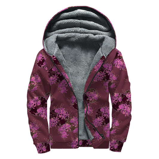 Purple Japanese Amaryllis Pattern Sherpa Lined Zip Up Hoodie: Embrace Your Inner Hippie Style! - 1