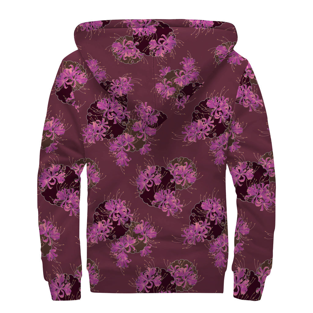 Purple Japanese Amaryllis Pattern Sherpa Lined Zip Up Hoodie: Embrace Your Inner Hippie Style! - 2