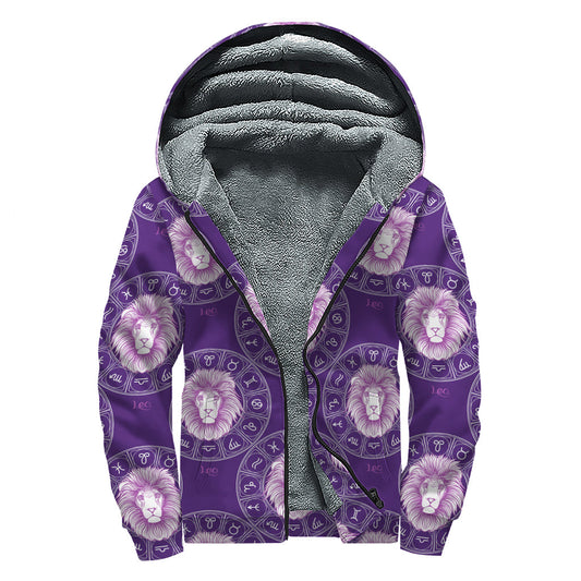 Groovy Purple Leo Zodiac Pattern Sherpa Lined Hoodie for Free-Spirited Hippies - 1