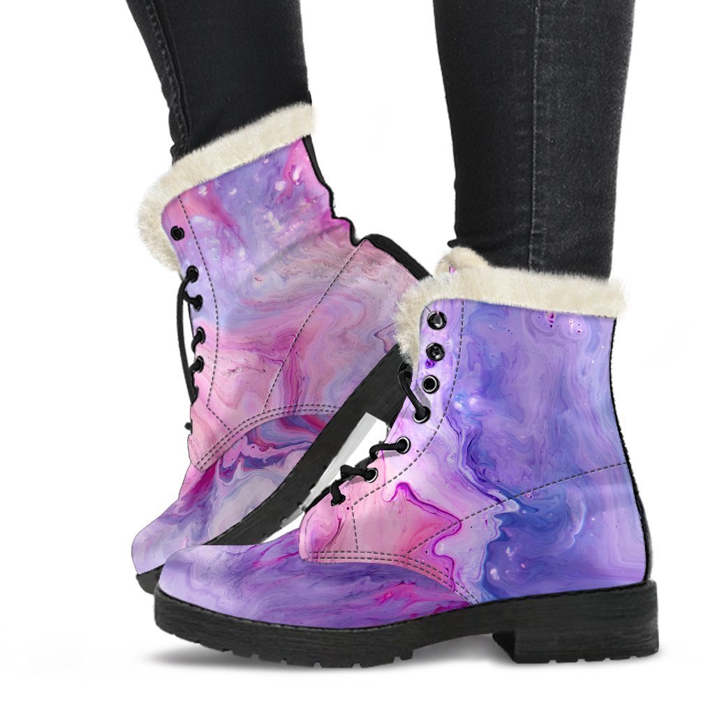 Groovy Purple Liquid Marble Faux Fur Leather Boots for the Modern Hippie - 1