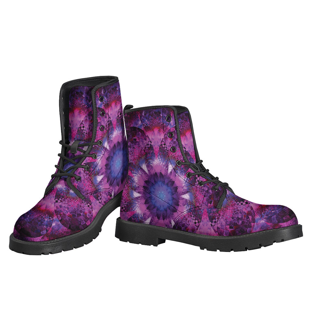 Purple Mandala Flower Print Leather Boots: The Ultimate Hippie Footwear - 3