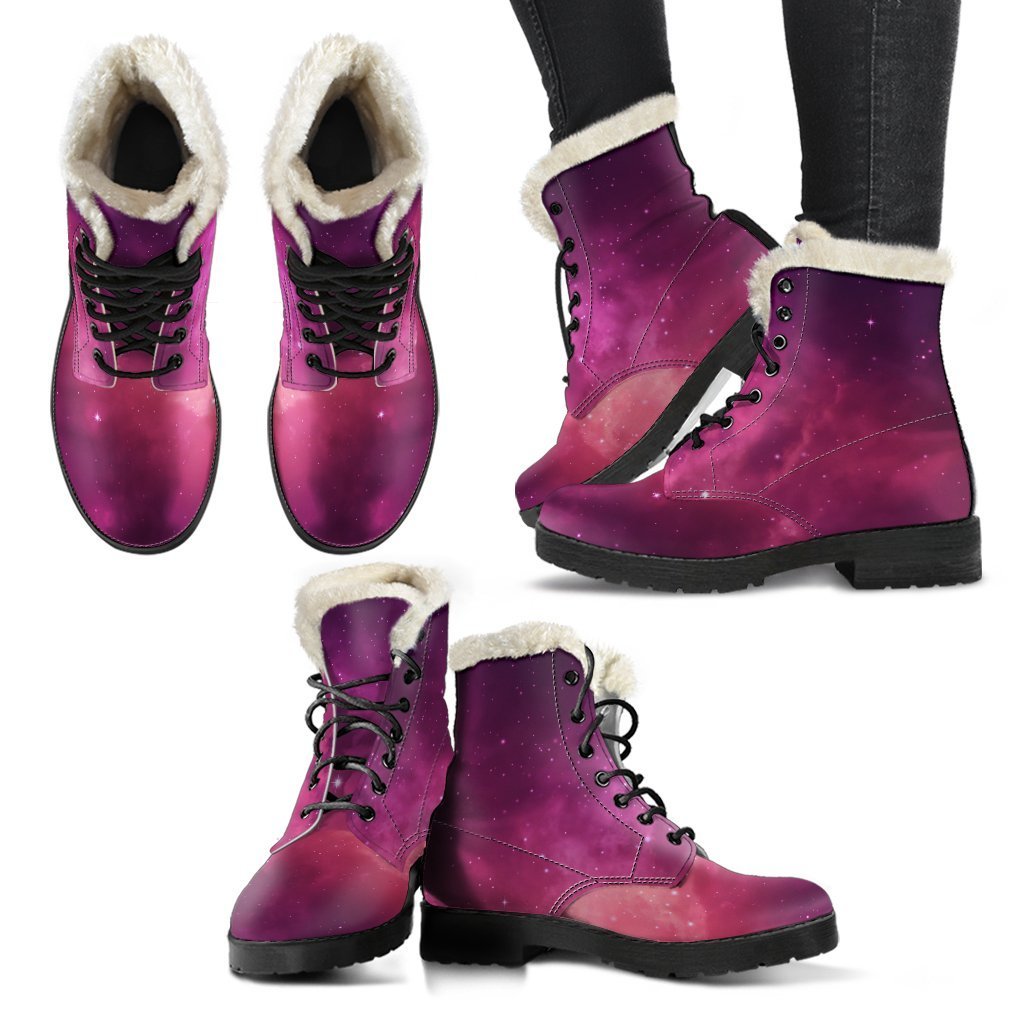 Spacey Vibes: Purple Nebula Faux Fur Leather Boots for Groovy Hippies - 2