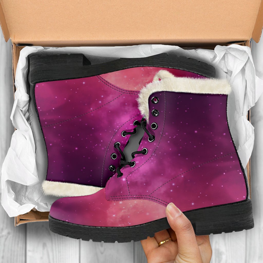 Spacey Vibes: Purple Nebula Faux Fur Leather Boots for Groovy Hippies - 5