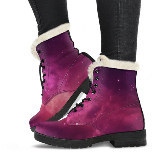 Spacey Vibes: Purple Nebula Faux Fur Leather Boots for Groovy Hippies - 1