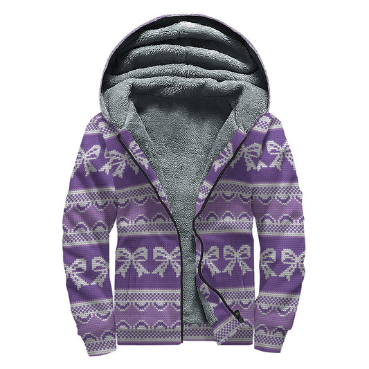 Purple Ribbon Knitted Pattern Print Sherpa Lined Zip Up Hoodie - 1