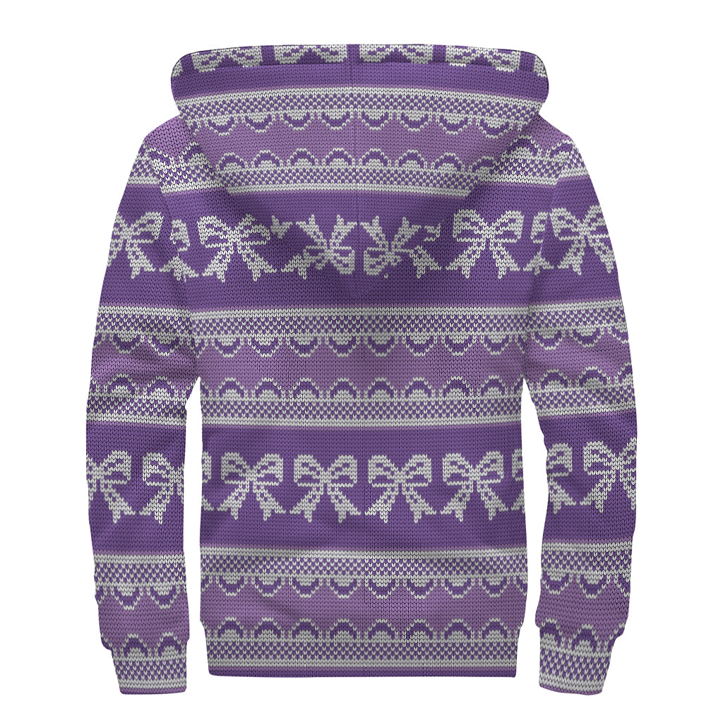 Purple Ribbon Knitted Pattern Print Sherpa Lined Zip Up Hoodie - 2