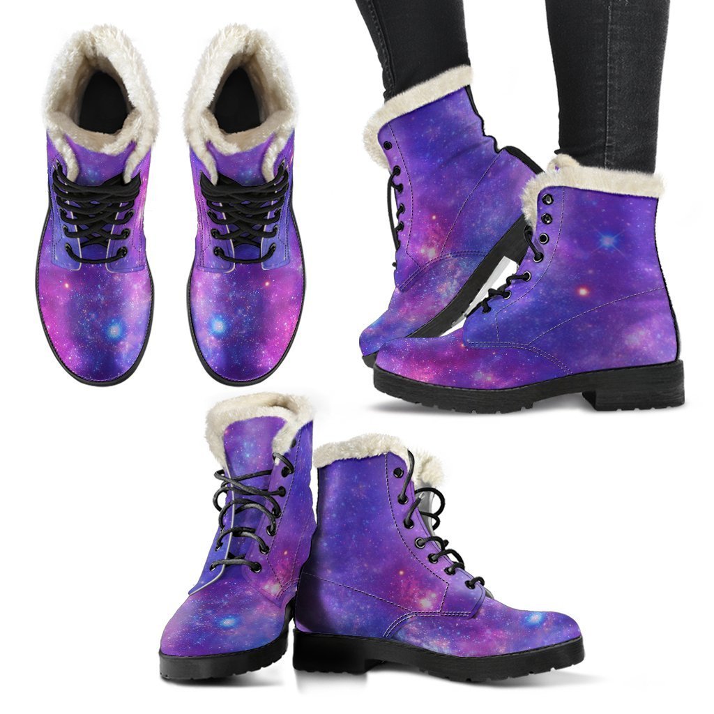 Purple Stardust Cloud Galaxy Space Print Faux Fur Leather Boots for Modern Hippies - 2