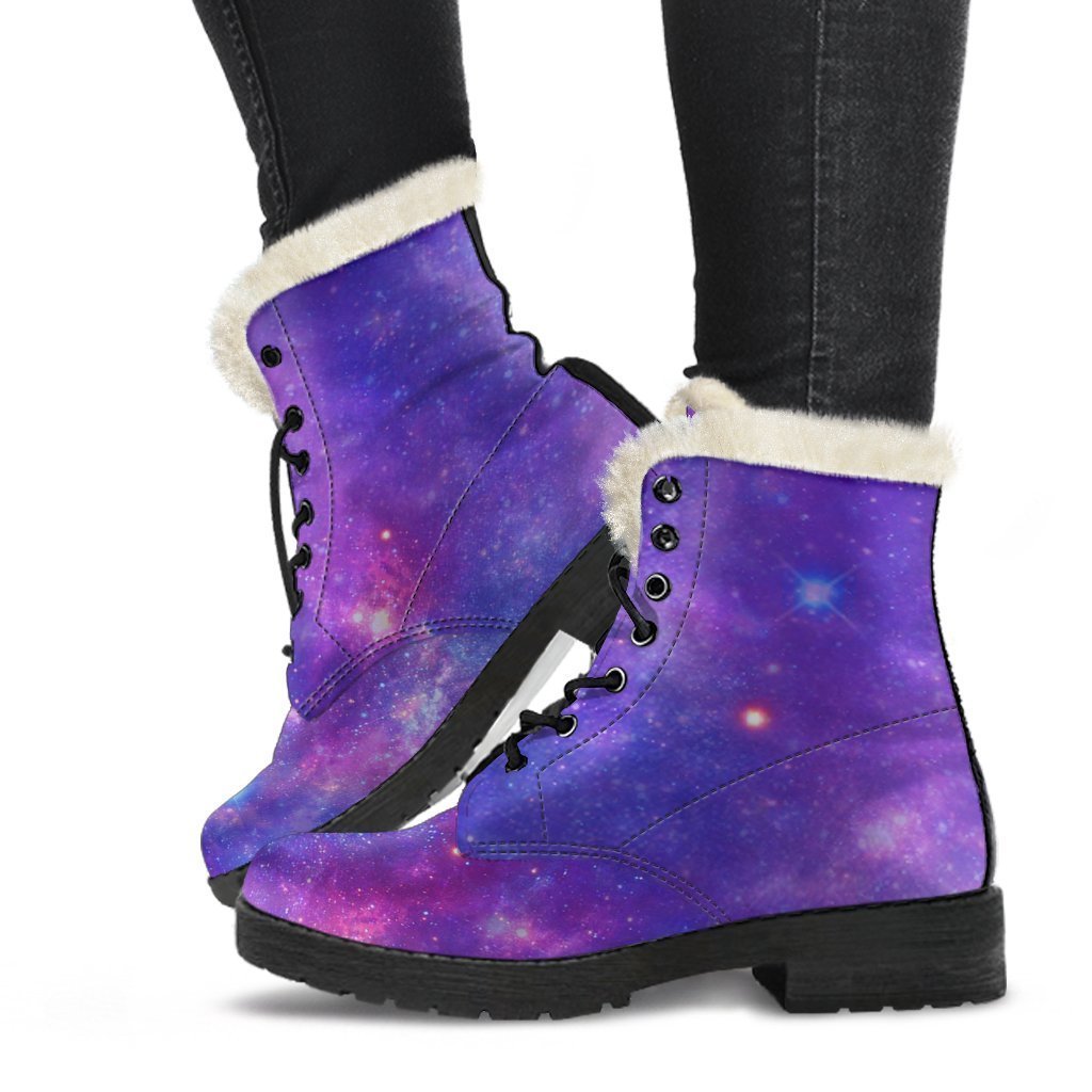 Purple Stardust Cloud Galaxy Space Print Faux Fur Leather Boots for Modern Hippies - 1