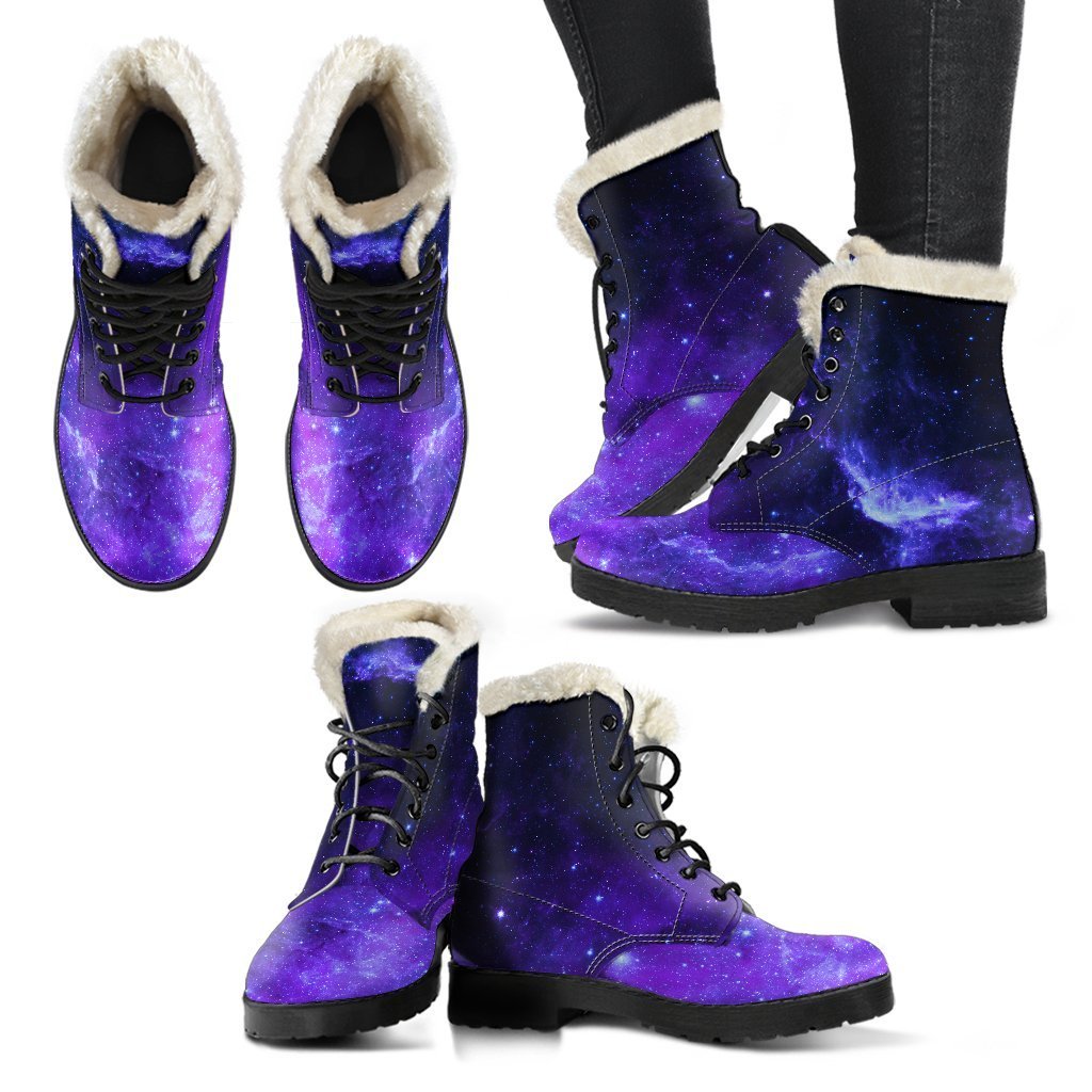 Galactic Groove: Purple Stars Nebula Galaxy Faux Fur Leather Boots for Stylish Hippies - 2