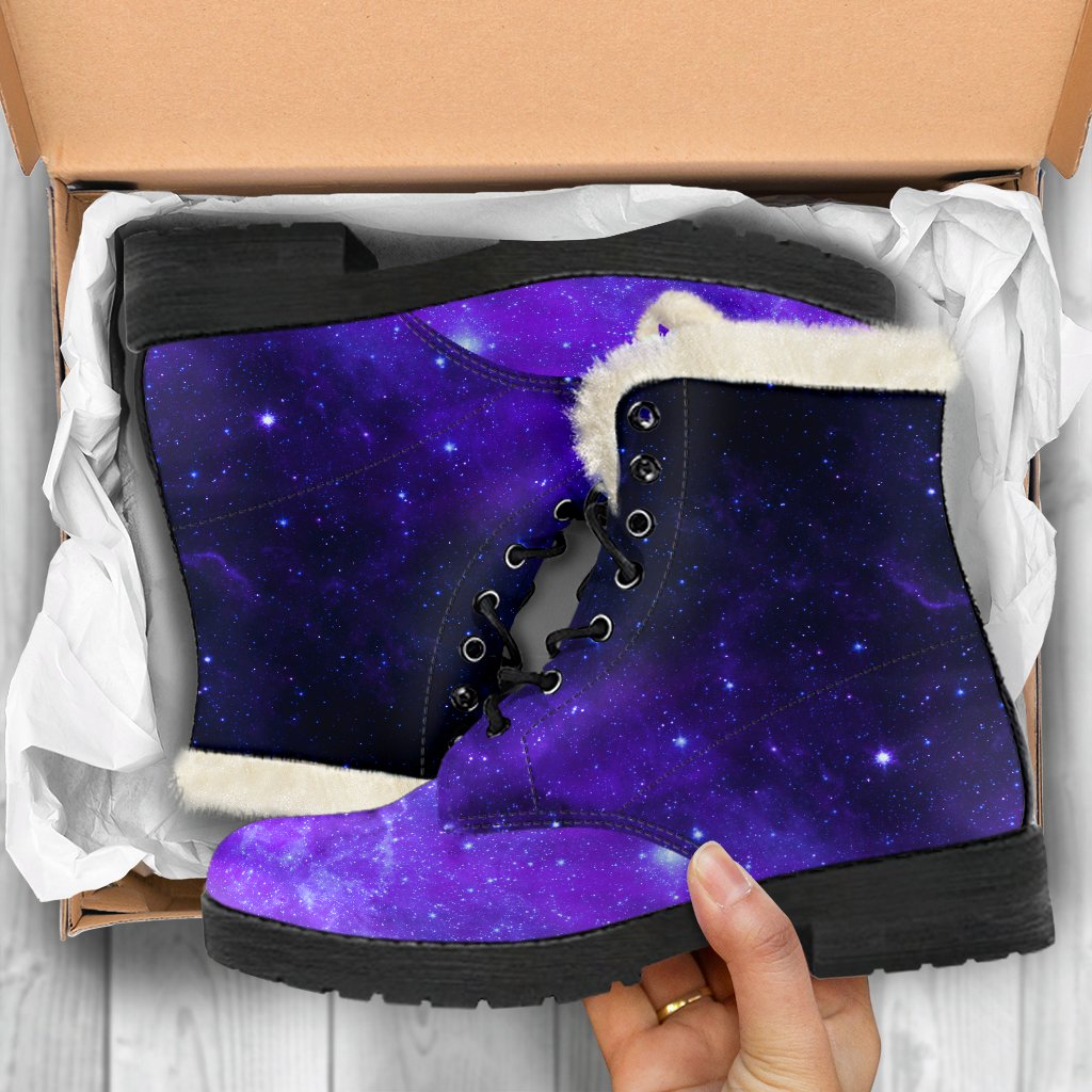 Galactic Groove: Purple Stars Nebula Galaxy Faux Fur Leather Boots for Stylish Hippies - 5