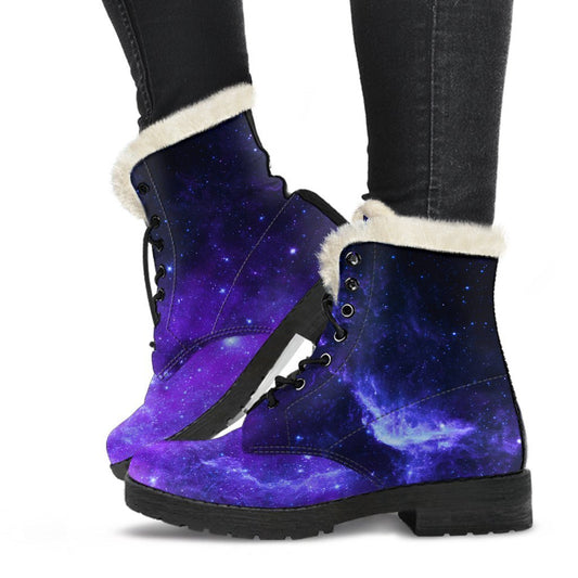 Galactic Groove: Purple Stars Nebula Galaxy Faux Fur Leather Boots for Stylish Hippies - 1