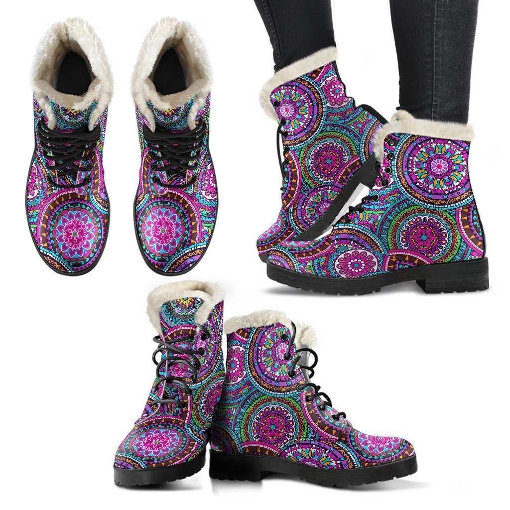 Groovy Faux Fur Leather Boots with Purple Teal Circle Mandala Print - 2