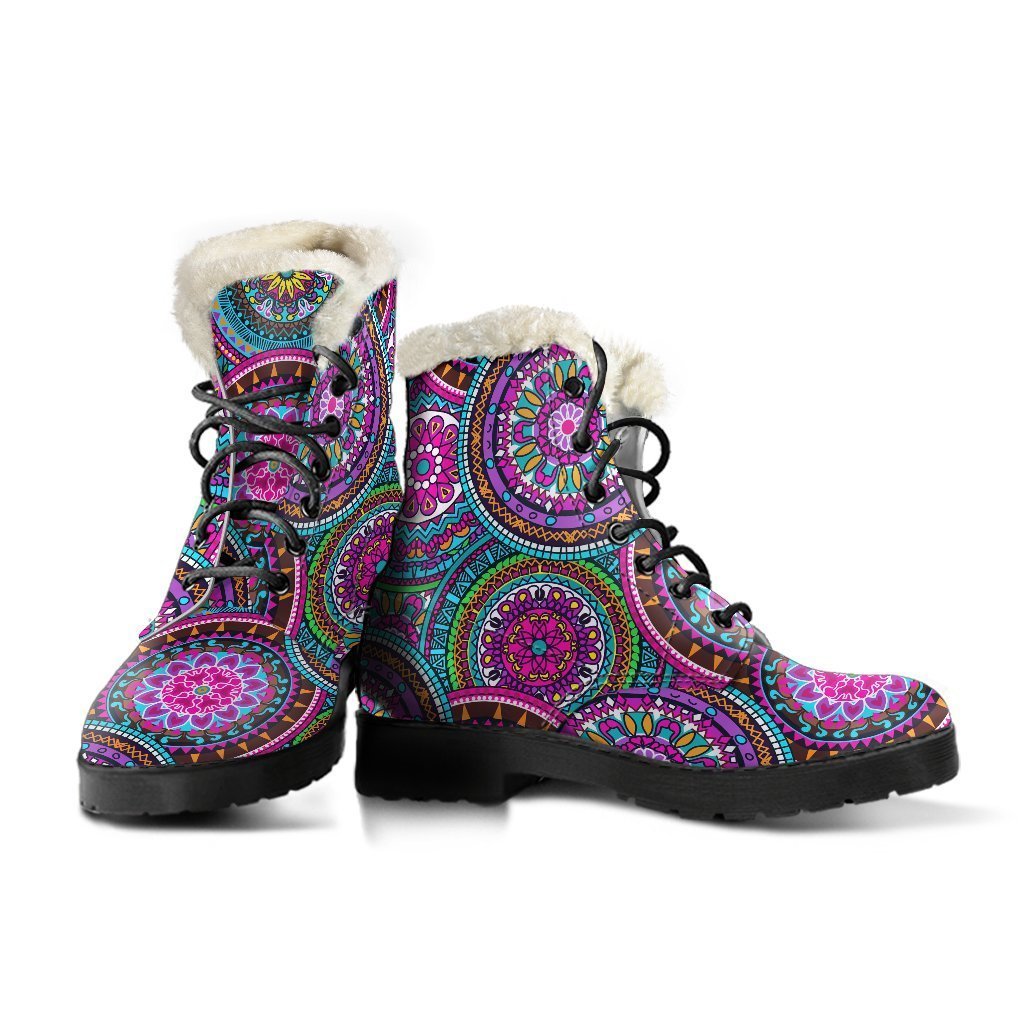 Groovy Faux Fur Leather Boots with Purple Teal Circle Mandala Print - 3