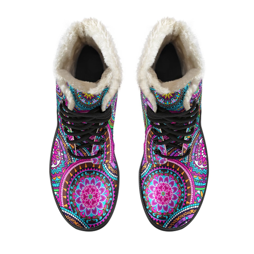 Groovy Faux Fur Leather Boots with Purple Teal Circle Mandala Print - 4