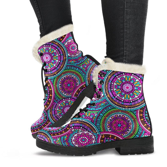 Groovy Faux Fur Leather Boots with Purple Teal Circle Mandala Print - 1