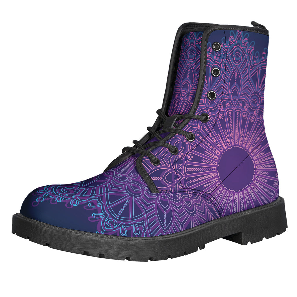 Groovy Vibes: Purple Trippy Mandala Print Leather Boots for Hippies - 1