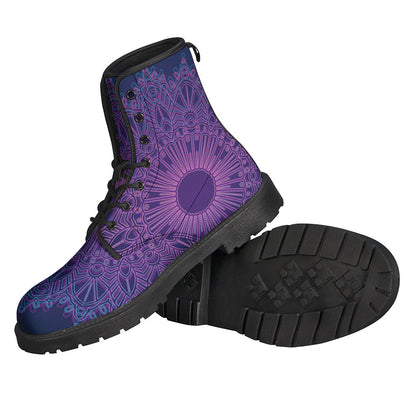 Groovy Vibes: Purple Trippy Mandala Print Leather Boots for Hippies - 2