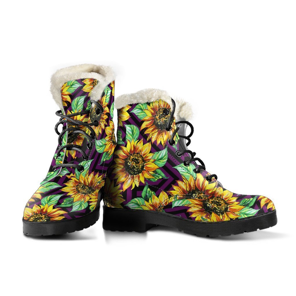 Trippy Sunflower Pattern Faux Fur Leather Hippie Boots - 3