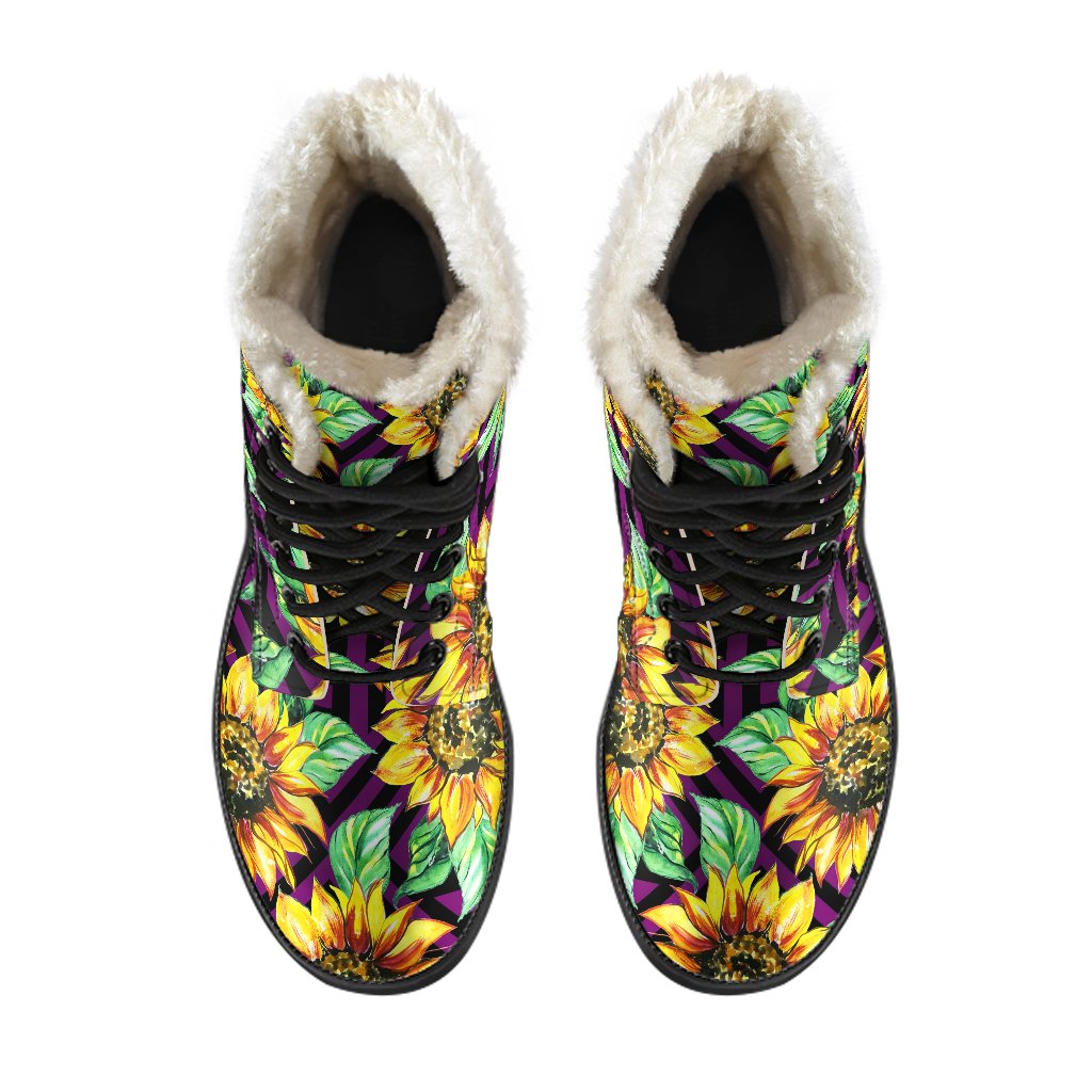 Trippy Sunflower Pattern Faux Fur Leather Hippie Boots - 4