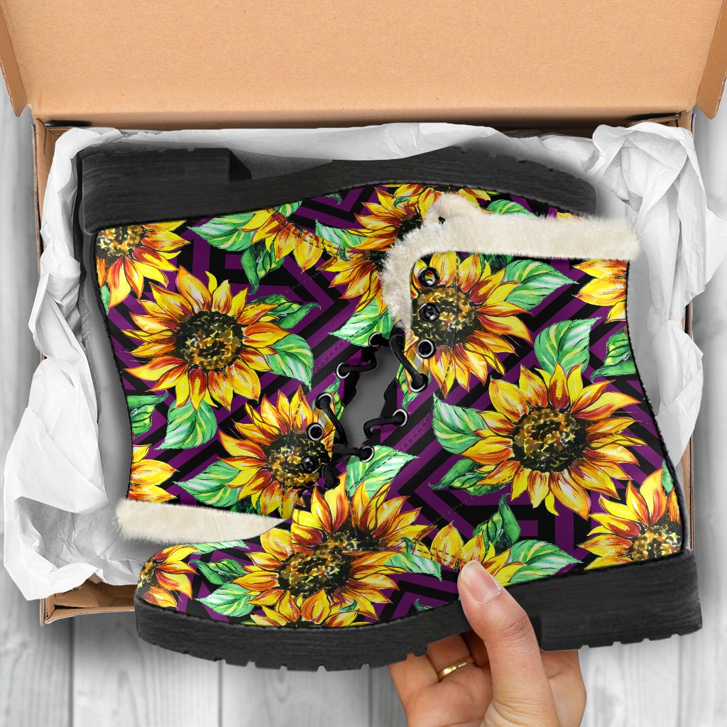 Trippy Sunflower Pattern Faux Fur Leather Hippie Boots - 5