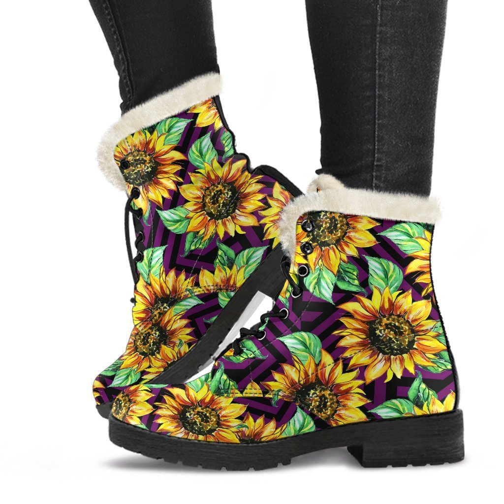 Trippy Sunflower Pattern Faux Fur Leather Hippie Boots - 1