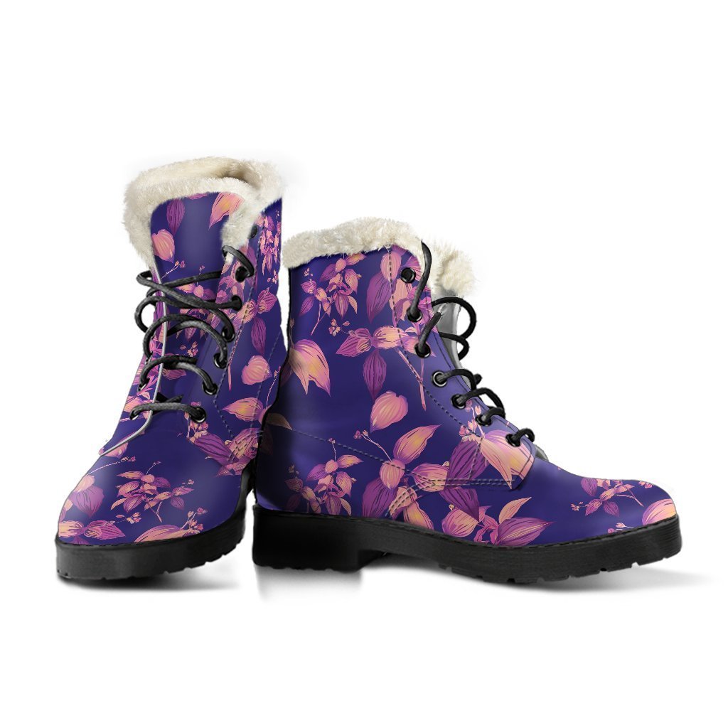 Purple Tropical Hawaiian Pattern Faux Fur Leather Boots for Boho Babes - 3