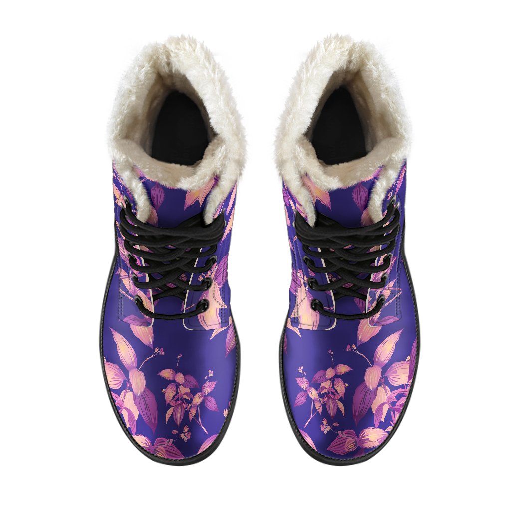 Purple Tropical Hawaiian Pattern Faux Fur Leather Boots for Boho Babes - 4