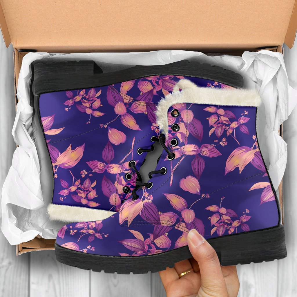 Purple Tropical Hawaiian Pattern Faux Fur Leather Boots for Boho Babes - 5