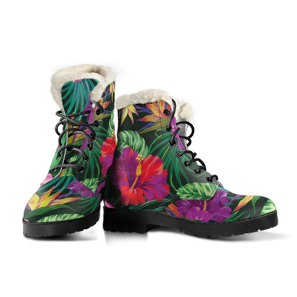 Boho Chic Purple Tropical Print Faux Fur Leather Boots - 3