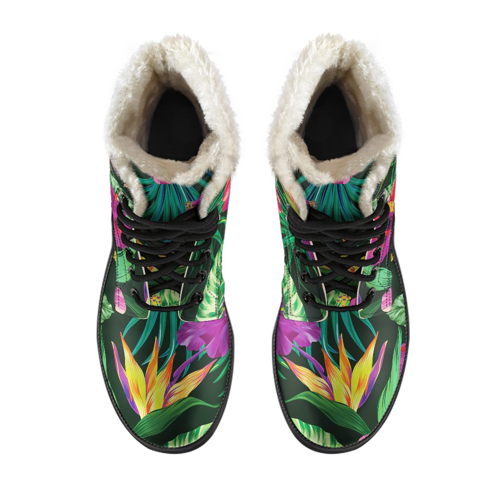 Boho Chic Purple Tropical Print Faux Fur Leather Boots - 4