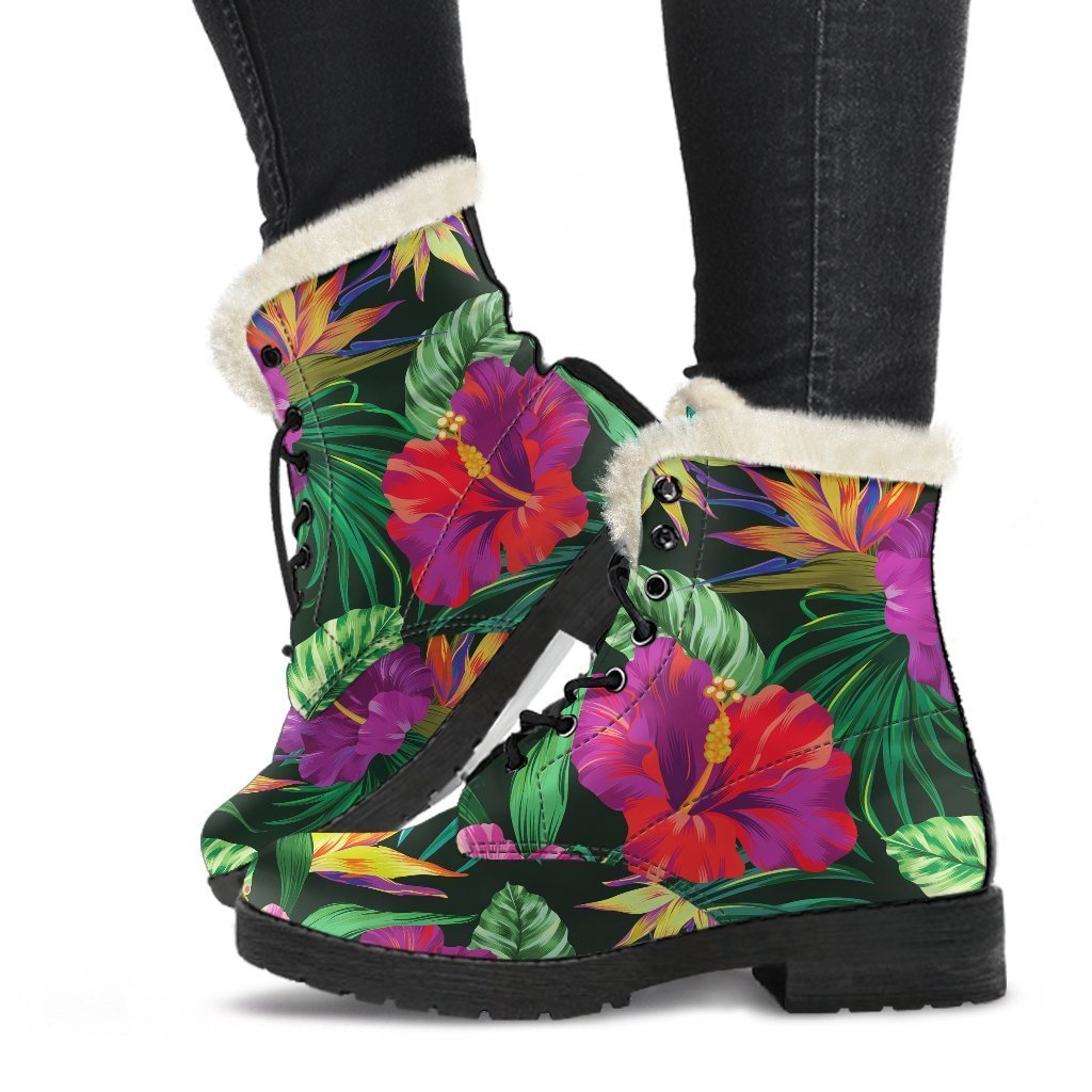 Boho Chic Purple Tropical Print Faux Fur Leather Boots - 1