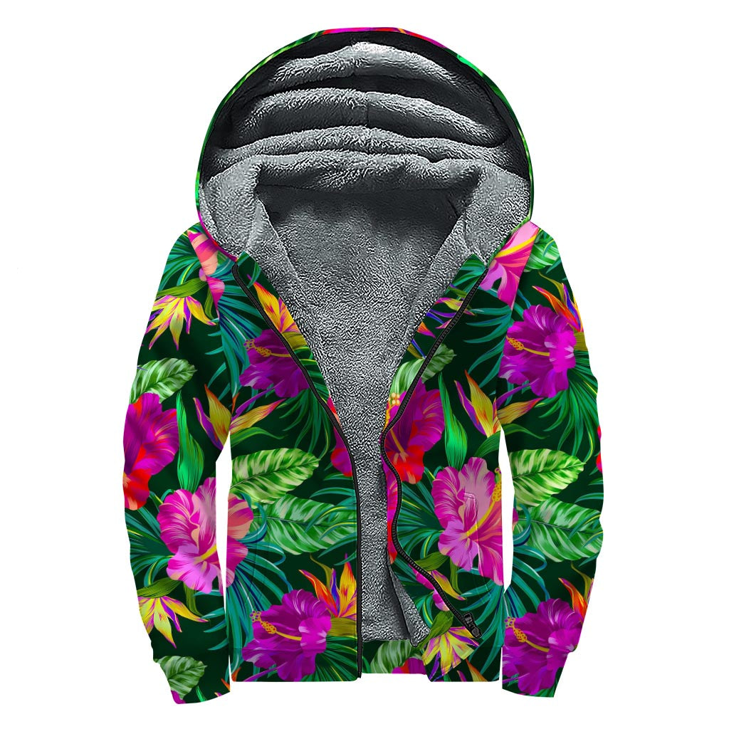 Groovy Purple Tropical Print Sherpa Lined Hoodie - 1