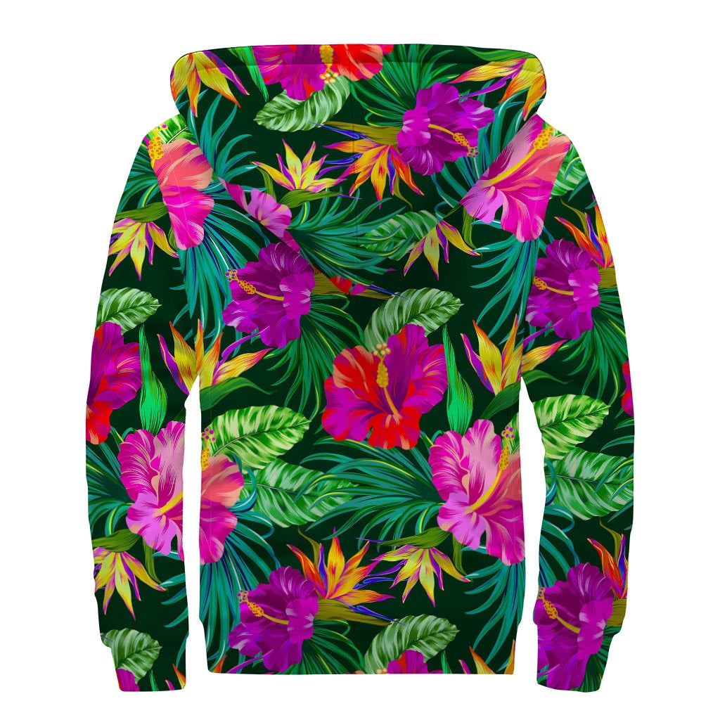 Groovy Purple Tropical Print Sherpa Lined Hoodie - 2