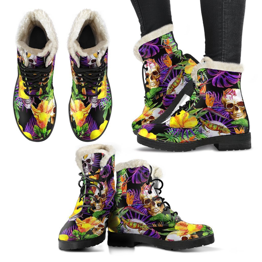 Groovy Purple Tropical Skull Pattern Faux Fur Leather Boots for Stylish Hippies - 2