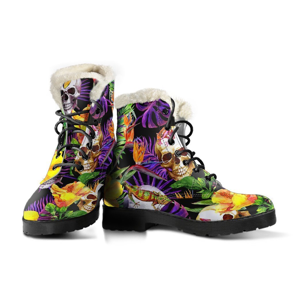 Groovy Purple Tropical Skull Pattern Faux Fur Leather Boots for Stylish Hippies - 3