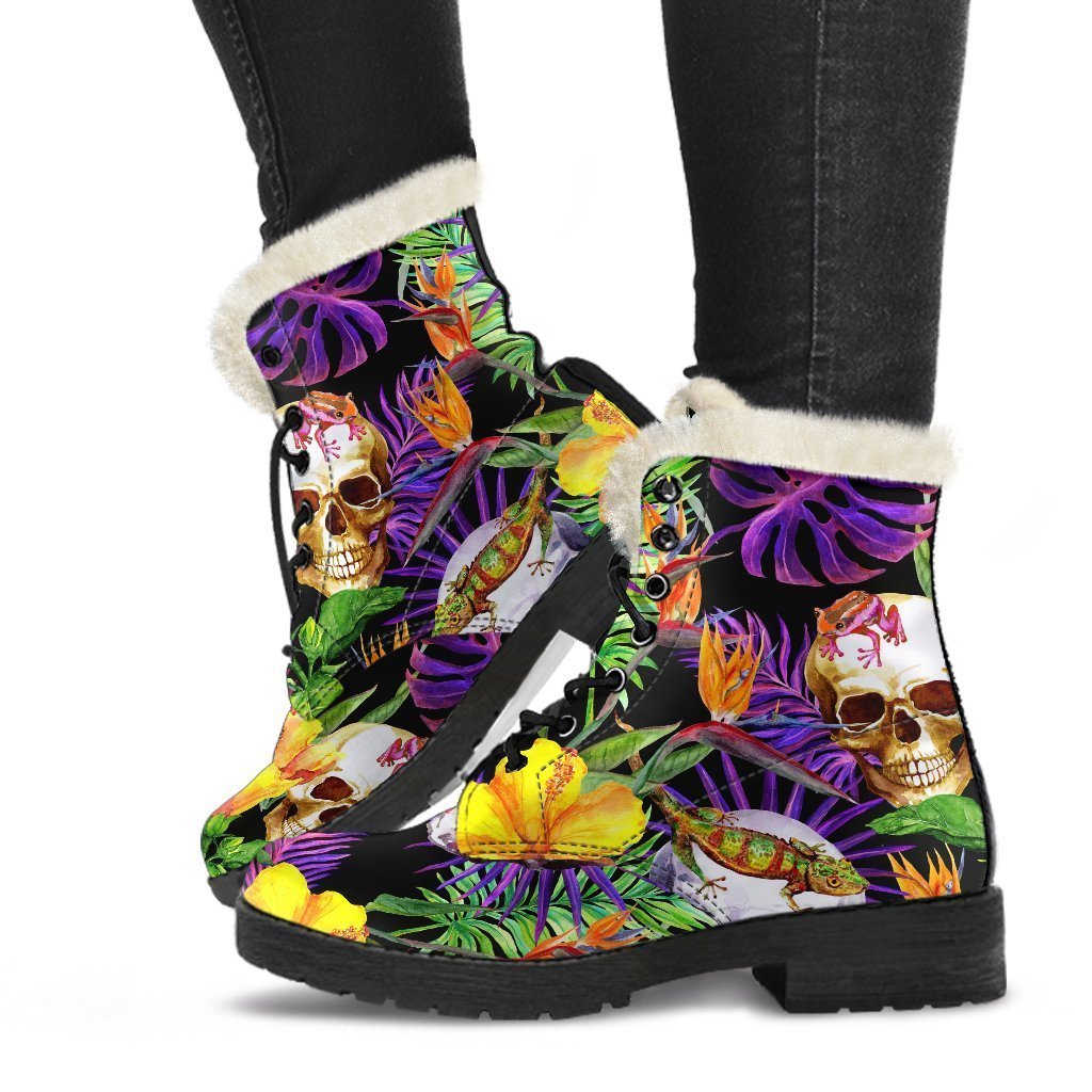 Groovy Purple Tropical Skull Pattern Faux Fur Leather Boots for Stylish Hippies - 1