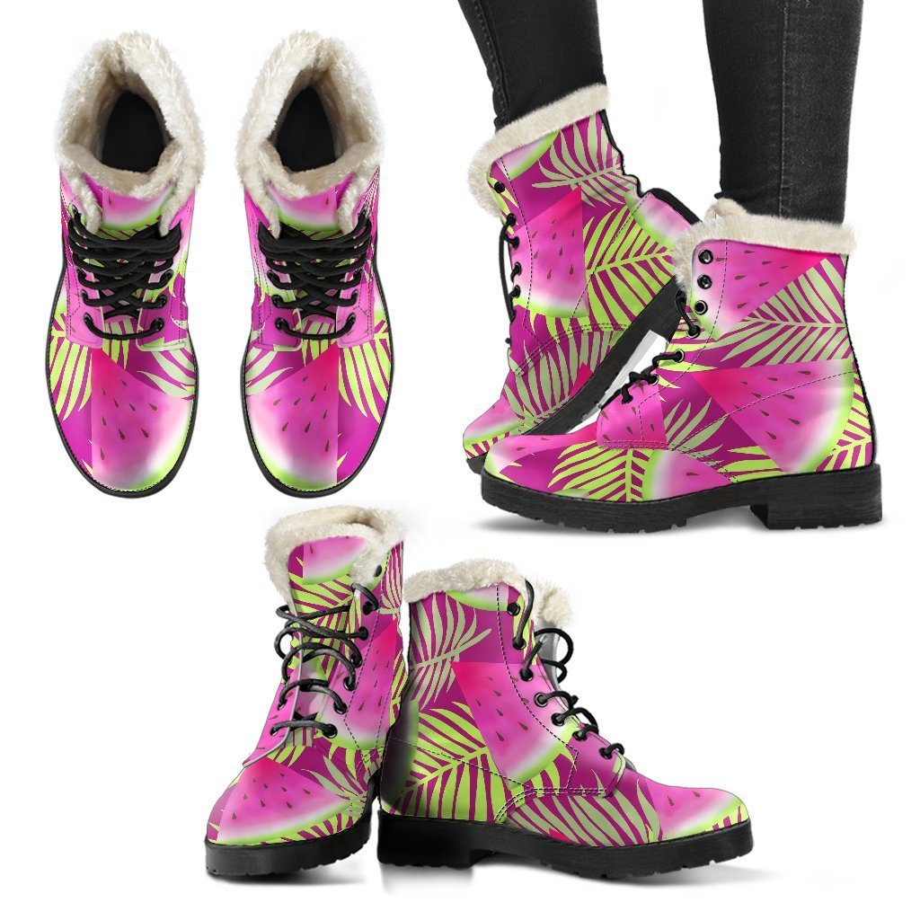 Funky Purple Tropical Watermelon Pattern Faux Fur Leather Boots for Hippies - 2