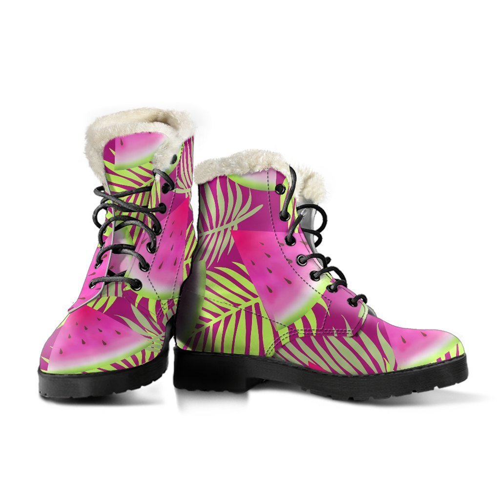 Funky Purple Tropical Watermelon Pattern Faux Fur Leather Boots for Hippies - 3