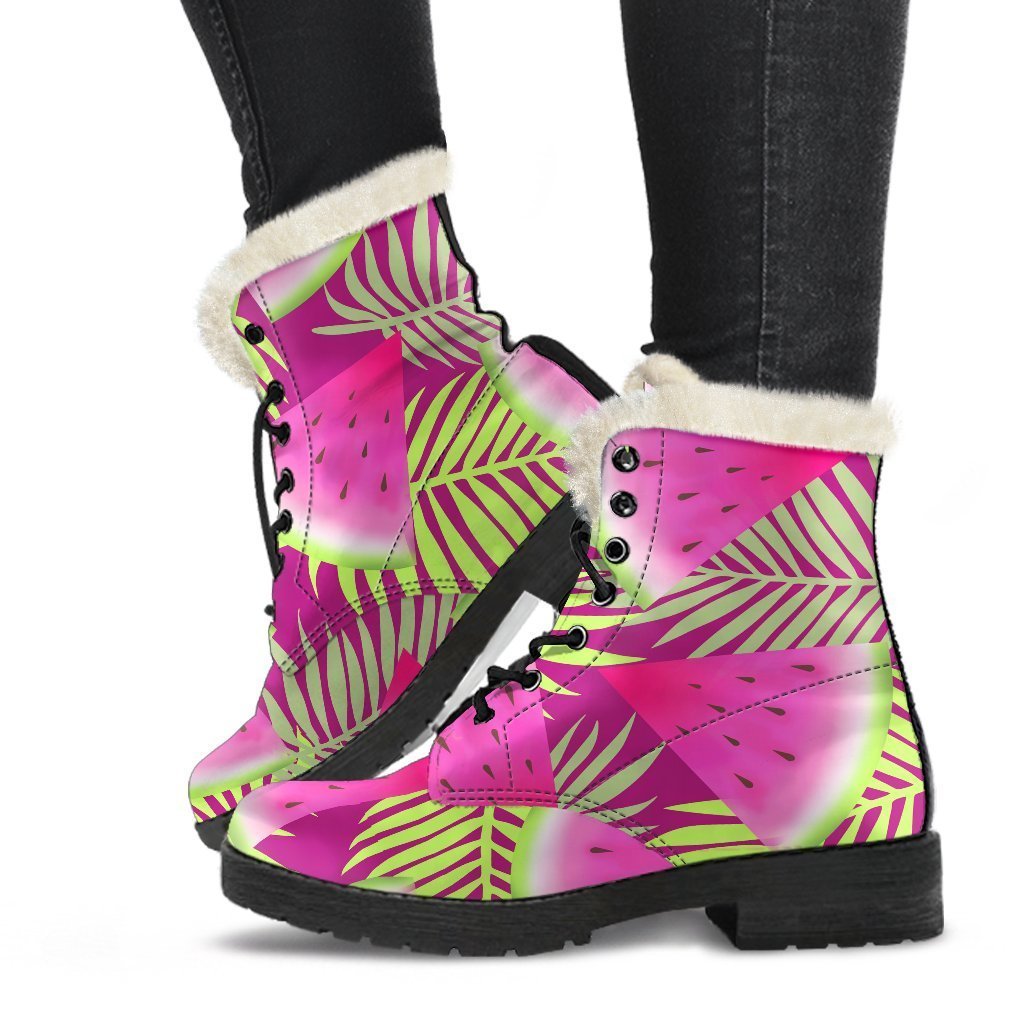 Funky Purple Tropical Watermelon Pattern Faux Fur Leather Boots for Hippies - 1