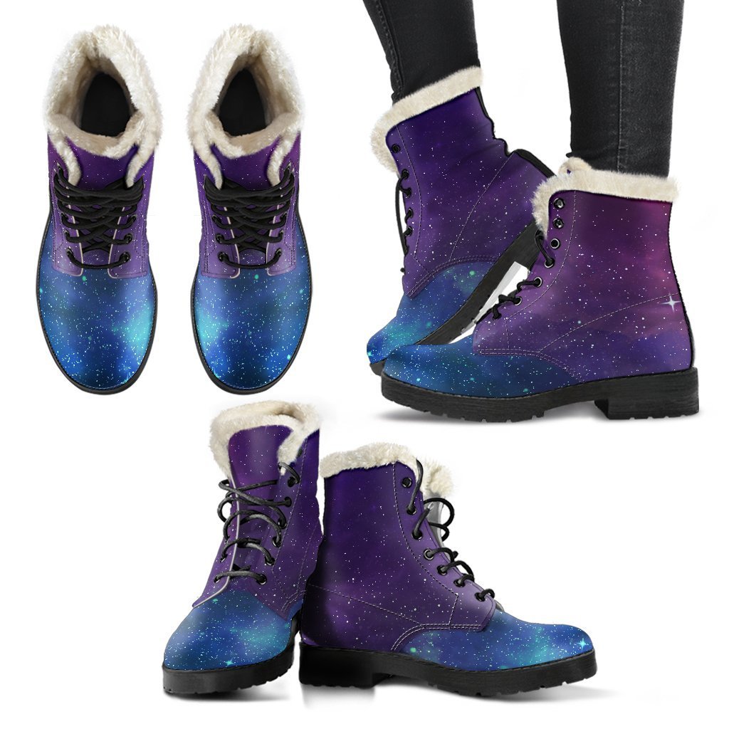 Purple Turquoise Galaxy Space Print Hippie Faux Fur Leather Boots - 2