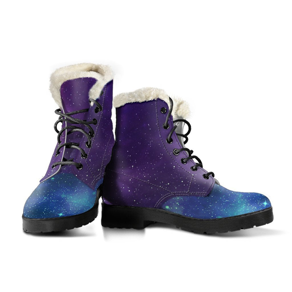 Purple Turquoise Galaxy Space Print Hippie Faux Fur Leather Boots - 3