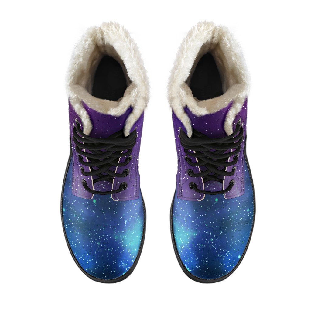 Purple Turquoise Galaxy Space Print Hippie Faux Fur Leather Boots - 4