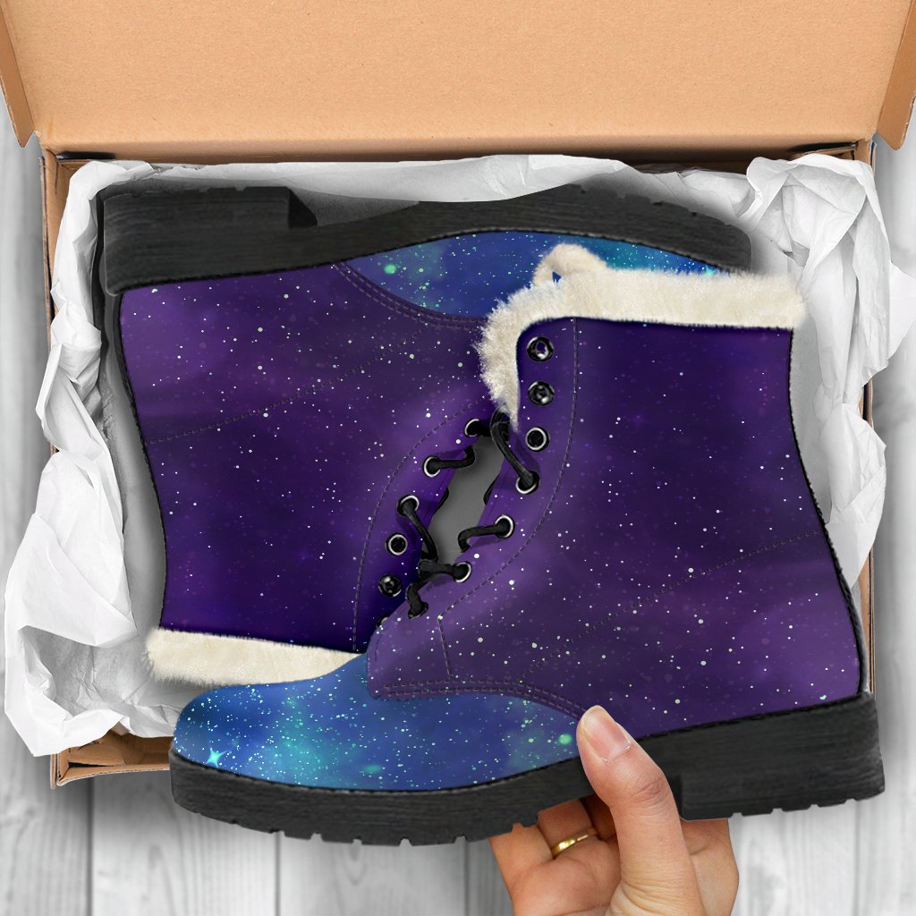 Purple Turquoise Galaxy Space Print Hippie Faux Fur Leather Boots - 5